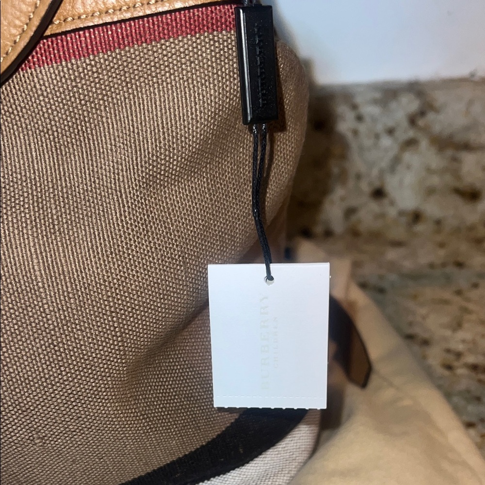 Burberry Tan & Brown Canvas Drawstring Backpack with Leather Trim - Picture 5 of 7